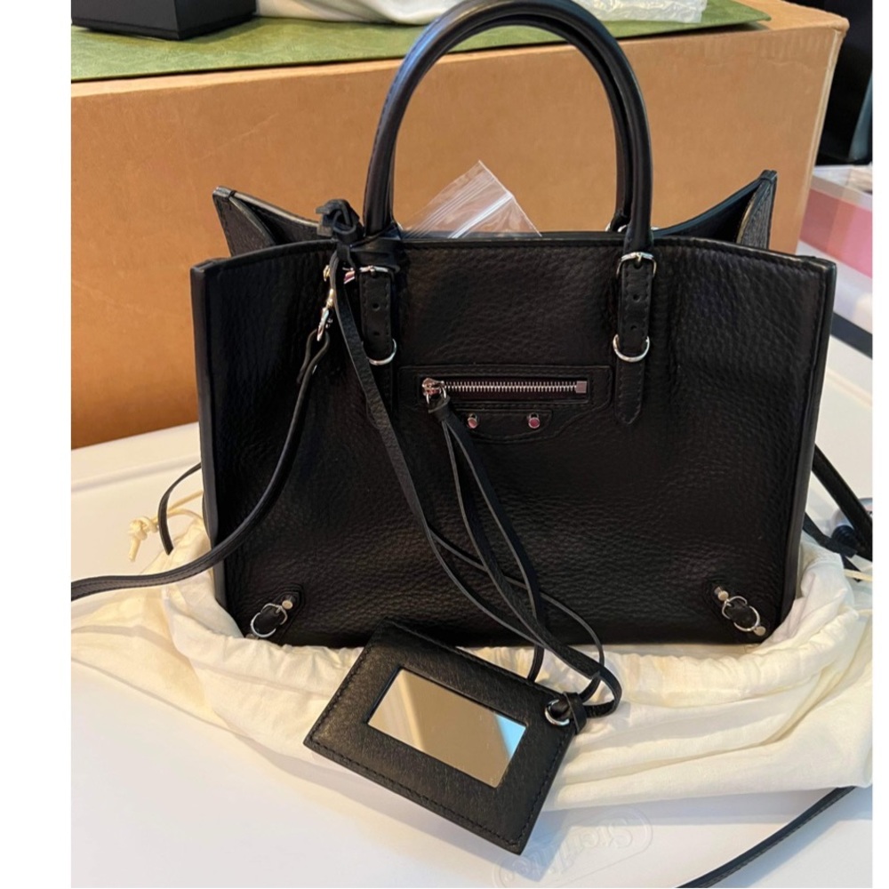 “SOLD”  Balenciaga Women's Black Mini Papier A4 Zip Around Leather Shoulder Bag.
